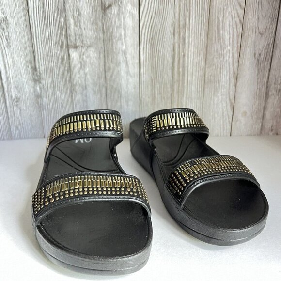 Slip on sandals, black w gold beads on straps, size 8 US - Picture 7 of 16